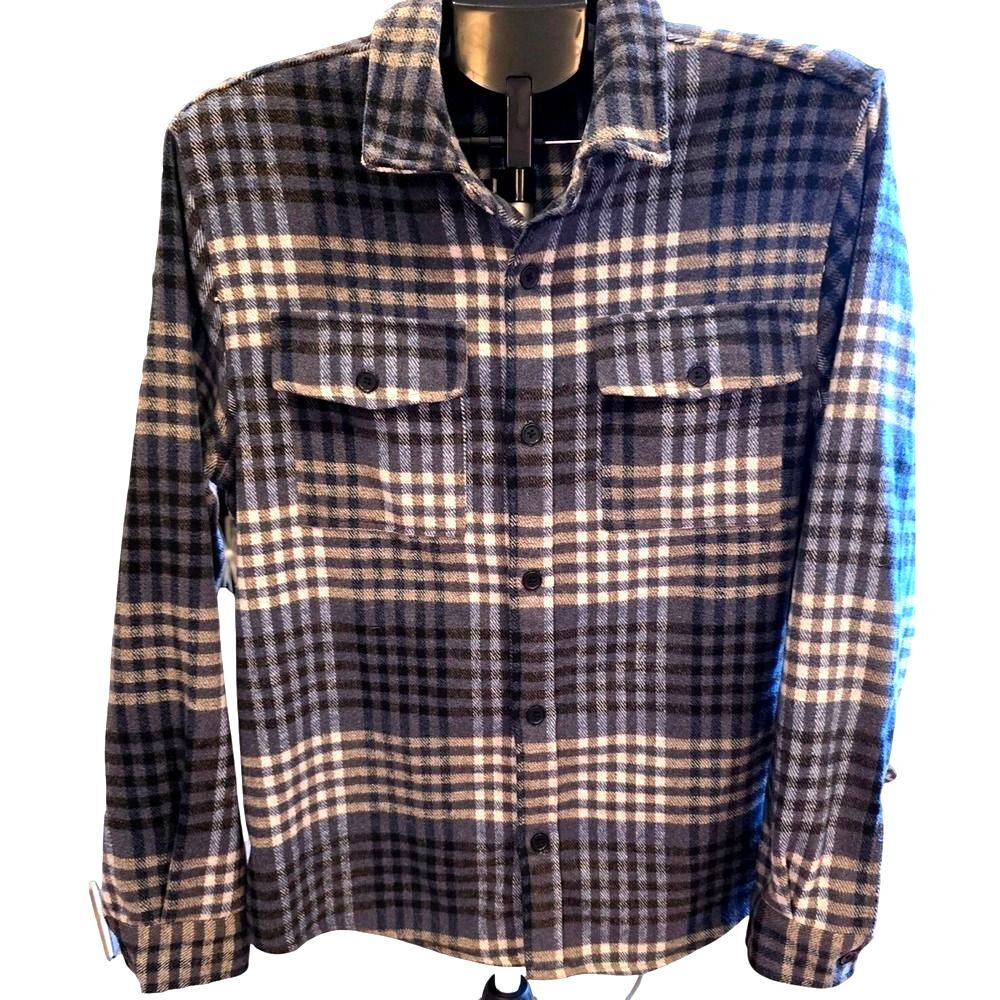 Magaschoni‎ Men's Plaid Flannel Shacket Size M Blue Gray Wool Blend Shirt Jacket